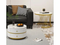 Merax Juego de 2 mesas de centro nido redondas con 2 cajones - 60x60x46cm + 50x50x30,8cm - Motivo mármol - Madera MDF y metal - Blanco + dorado Blanco / Dorado Outlet