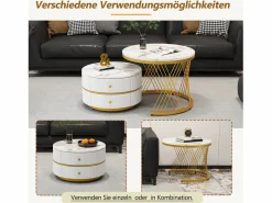 Merax Juego de 2 mesas de centro nido redondas con 2 cajones - 60x60x46cm + 50x50x30,8cm - Motivo mármol - Madera MDF y metal - Blanco + dorado Blanco / Dorado Outlet