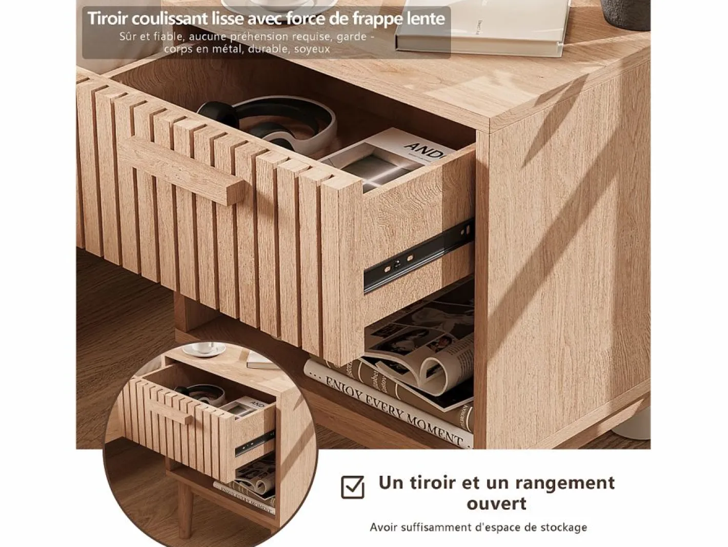 Juego de 2 mesitas de noche con cajones - Mesa de centro moderna con cajón de almacenamiento para salón y dormitorio - color madera natural Color natural oscuro Outlet