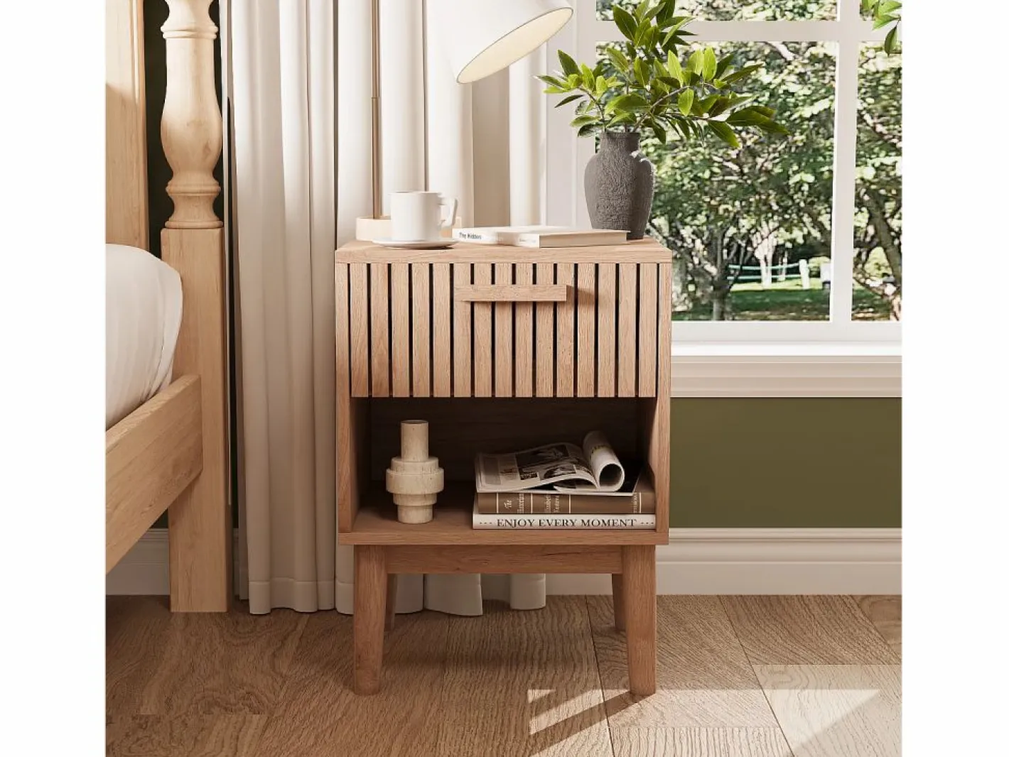 Juego de 2 mesitas de noche con cajones - Mesa de centro moderna con cajón de almacenamiento para salón y dormitorio - color madera natural Color natural oscuro Outlet