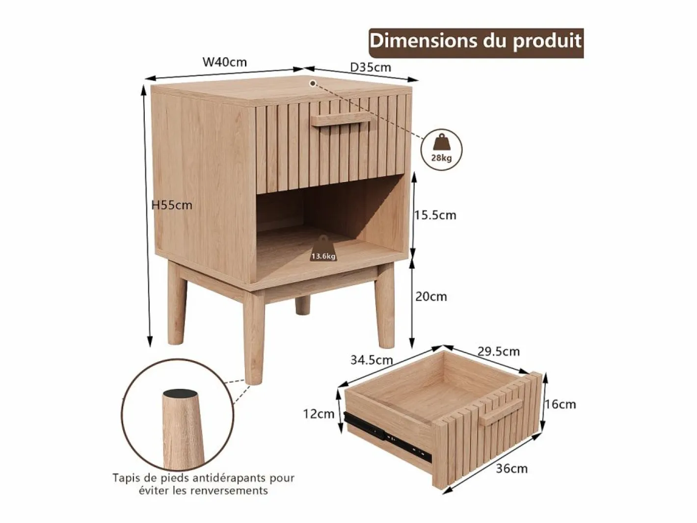 Juego de 2 mesitas de noche con cajones - Mesa de centro moderna con cajón de almacenamiento para salón y dormitorio - color madera natural Color natural oscuro Outlet
