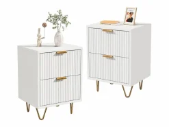 Juego de 2 mesitas de noche, mesitas auxiliares con 2 cajones, mesita de noche moderna blanca con patas doradas, color^ Online
