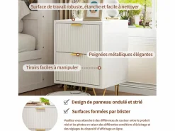 Juego de 2 mesitas de noche, mesitas auxiliares con 2 cajones, mesita de noche moderna blanca con patas doradas, color^ Online