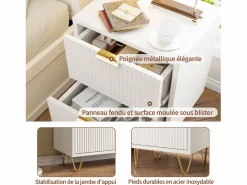 Juego de 2 mesitas de noche, mesitas auxiliares con 2 cajones, mesita de noche moderna blanca con patas doradas, color^ Online