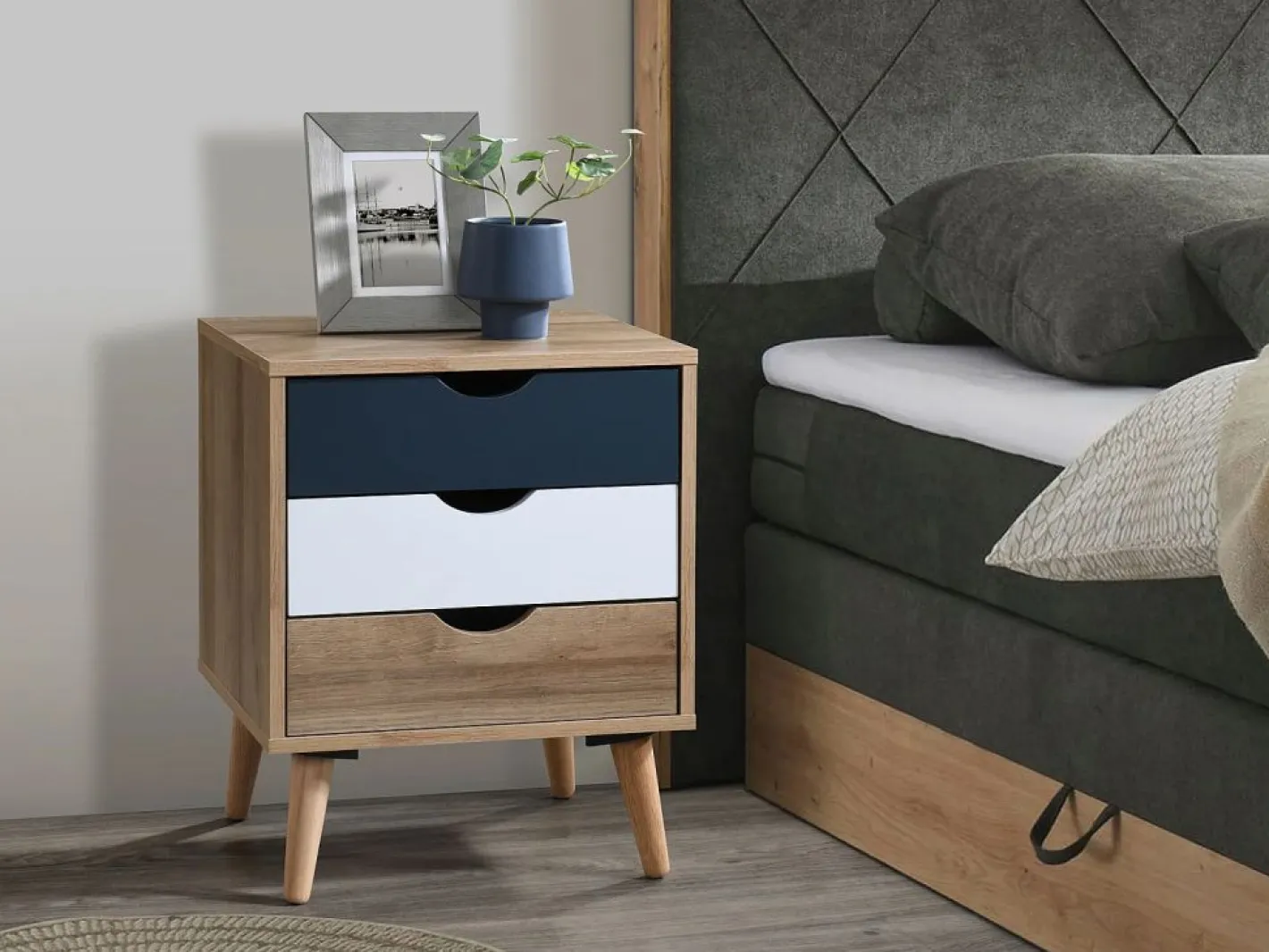 Vente-unique Muebles Niño|Mesita De Noche|Juego de 2 mesitas de noche con 3 cajones, blanco natural y azul marino - LURVIA