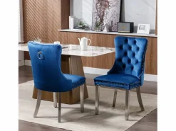 Juego de 2 sillas de comedor - Sillas con respaldo acolchado y patas de acero inoxidable plateadas - con ribete tachonado - terciopelo azul Azul / Plateado