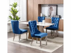 Juego de 2 sillas de comedor - Sillas con respaldo acolchado y patas de acero inoxidable plateadas - con ribete tachonado - terciopelo azul Azul / Plateado