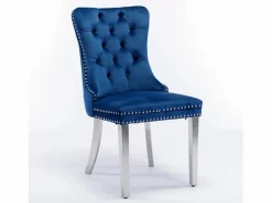 Juego de 2 sillas de comedor - Sillas con respaldo acolchado y patas de acero inoxidable plateadas - con ribete tachonado - terciopelo azul Azul / Plateado
