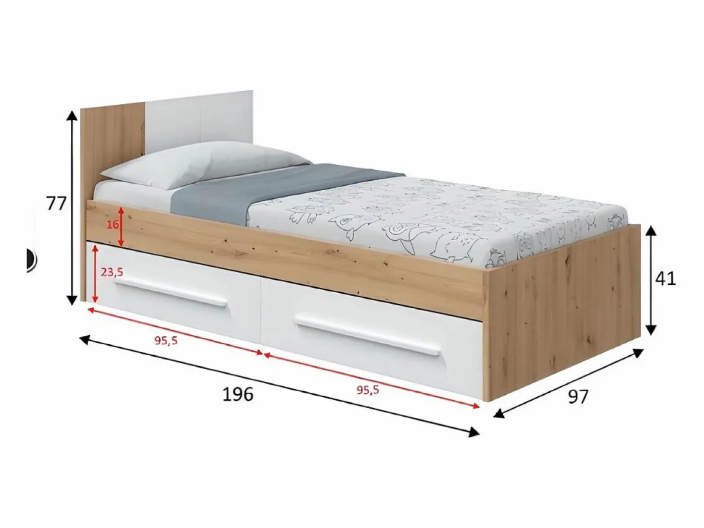 Dormitorio Completo|Juego de Cama con Cabecero y Dos Cajones en melamina Color - Longitud 196 x Profundidad 97 x Altura 77 cm