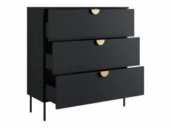 Meublorama Juego de dormitorio MONDO – estructurado y dorado – Cama 160x200 con somier + Armario + Cómoda + 2 mesitas de noche Negro