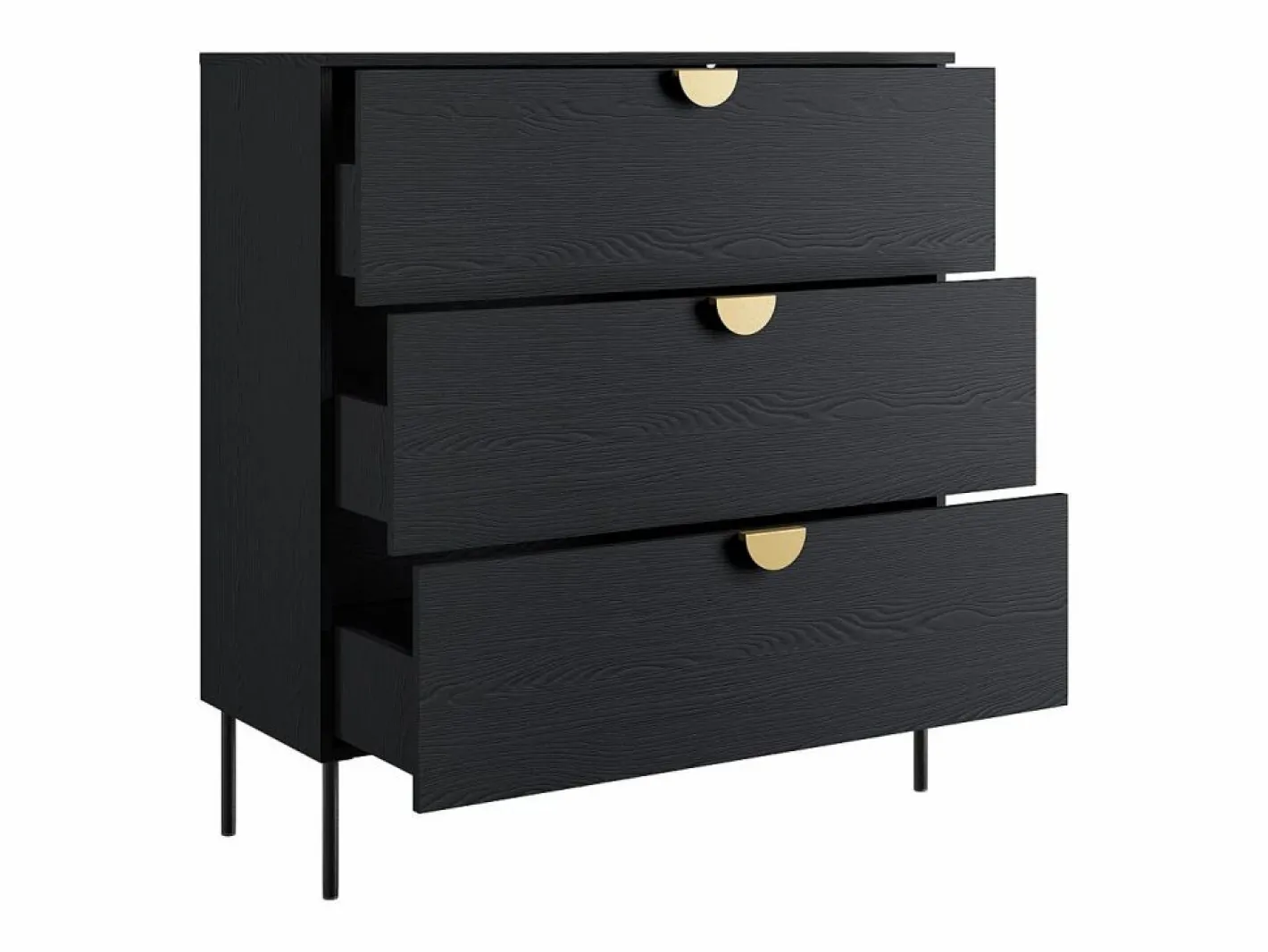 Meublorama Juego de dormitorio MONDO – estructurado y dorado – Cama 160x200 con somier + Armario + Cómoda + 2 mesitas de noche Negro