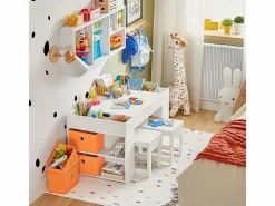Juego de Mesa Infantil y 2 Sillas de Madera Organizador de Juguetes Multifuncional con 8 Cestas y 1 Compartimiento 87 x 50 x 50 cm KMB75-W ES^Sobuy Discount