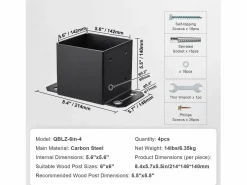 Kit de Soporte SucceBuy - Paquete de 4 Soportes para Base de Poste de 152,4 x 152,4 mm, Anclaje Resistente para Cercas de Madera Negro New