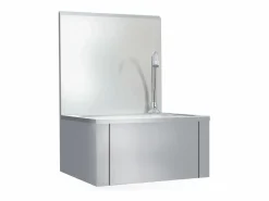Fregadero|Lavabo de acero inoxidable con grifo y dispensador de jabón.