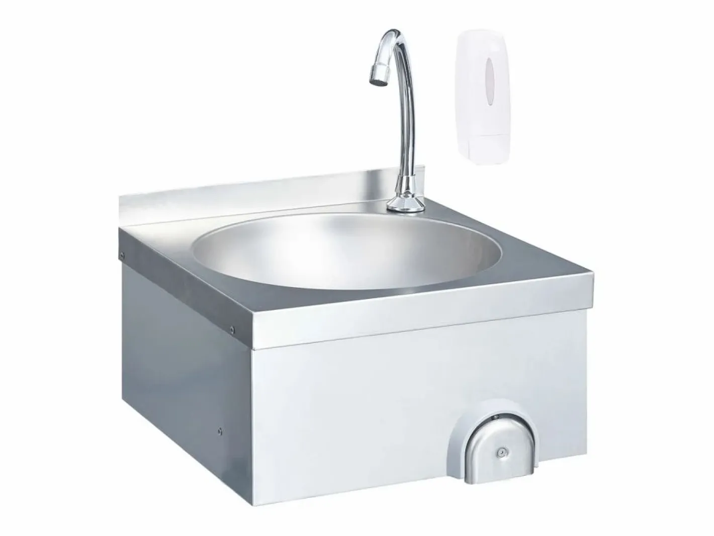 Fregadero|Lavabo de acero inoxidable con grifo y dispensador de jabón.
