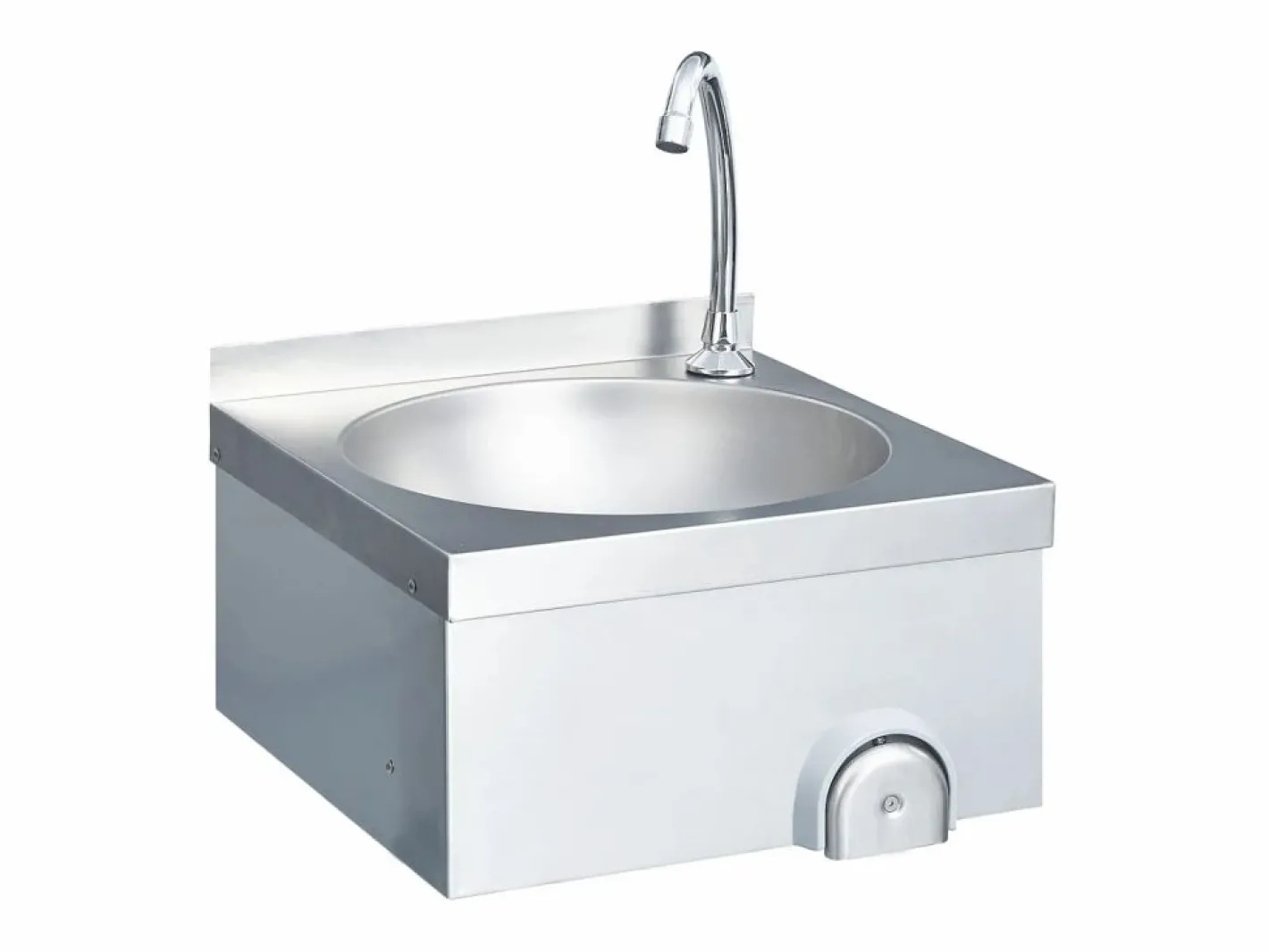 Fregadero|Lavabo de acero inoxidable con grifo y dispensador de jabón.