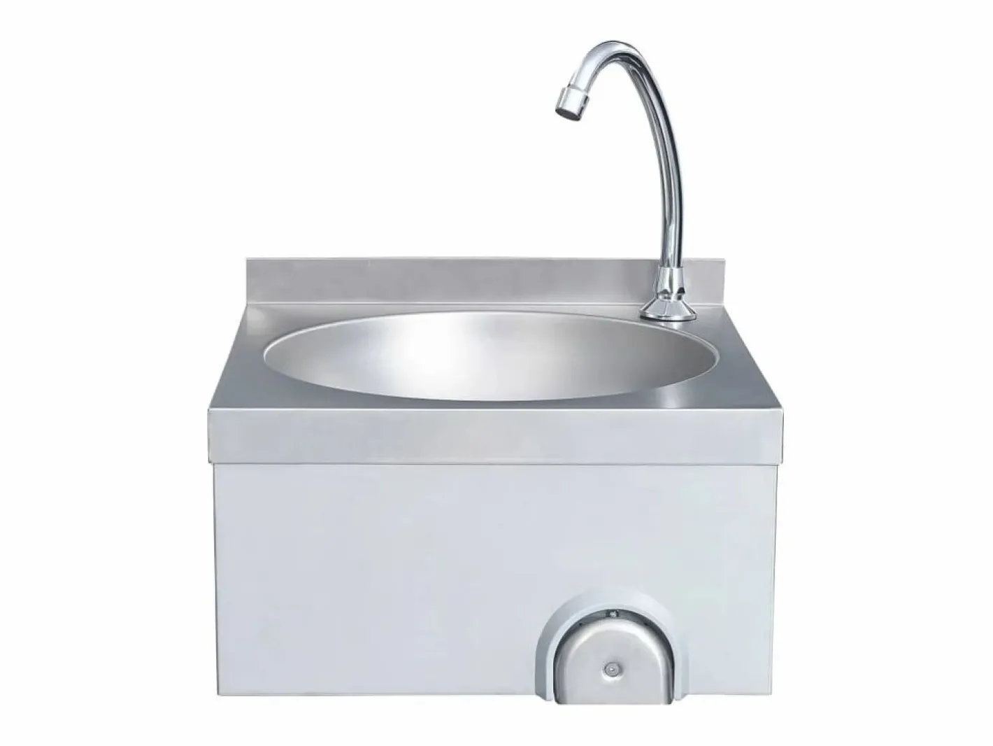 Fregadero|Lavabo de acero inoxidable con grifo y dispensador de jabón.