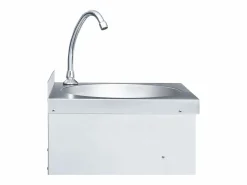 Fregadero|Lavabo de acero inoxidable con grifo y dispensador de jabón.