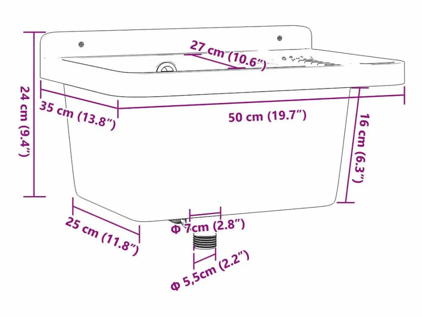 Lavabo de pared 50x35x24 cm resina Blanco New