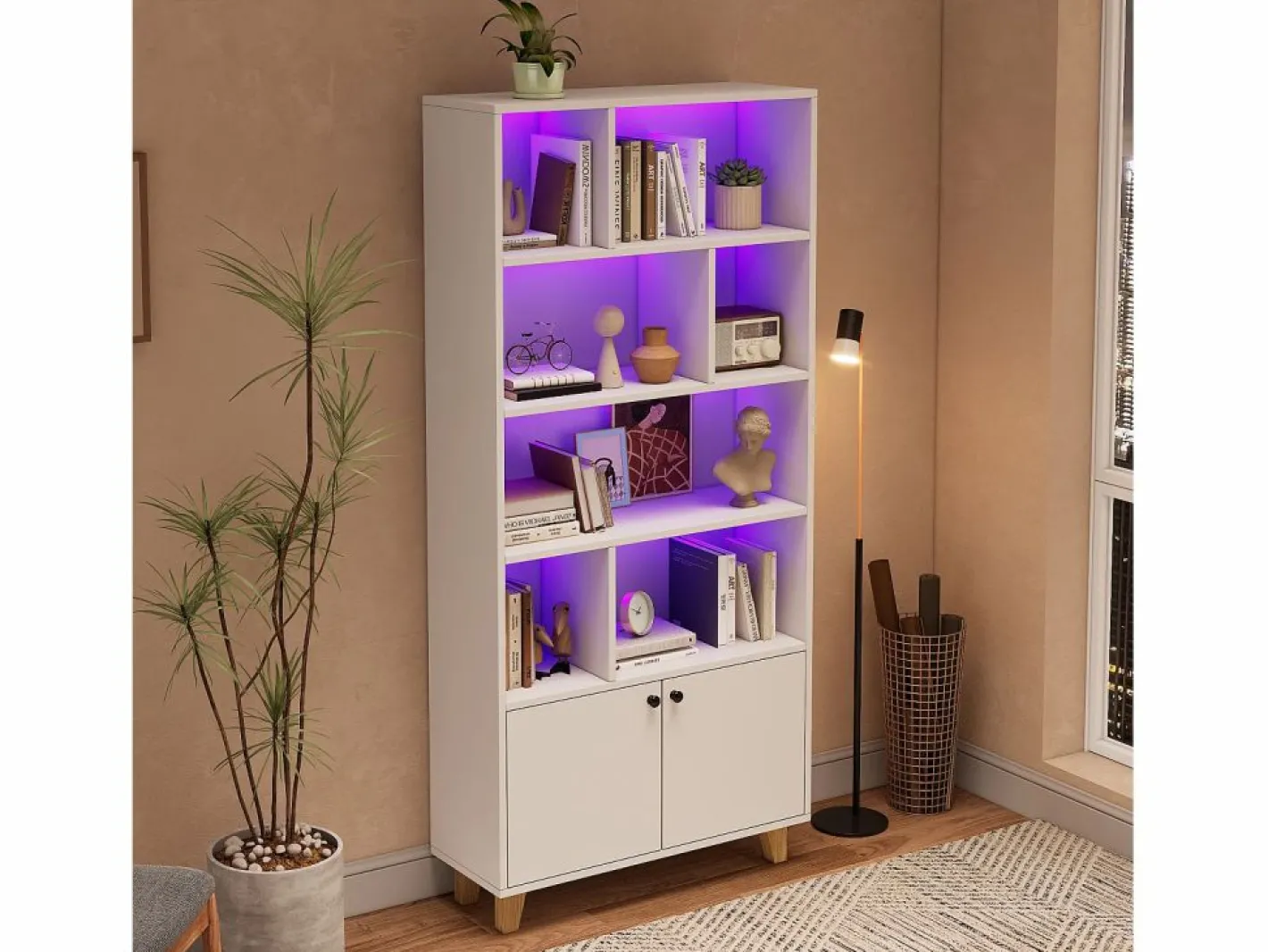 ModernLuxe Librería|Librería 80×30×173 cm - iluminación LED de cambio de color - 2 puertas - compartimentos de almacenamiento -