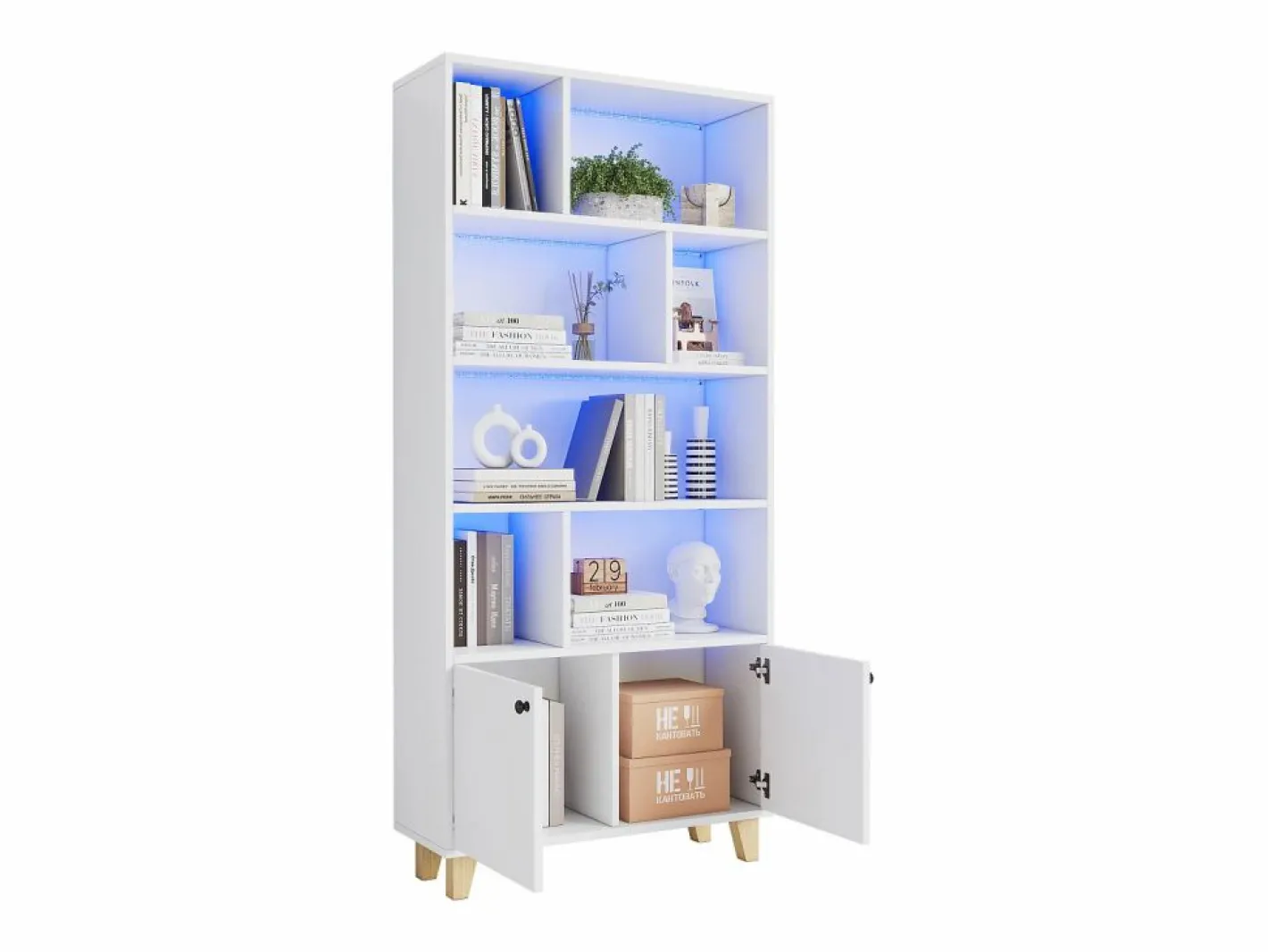 ModernLuxe Librería|Librería 80×30×173 cm - iluminación LED de cambio de color - 2 puertas - compartimentos de almacenamiento -