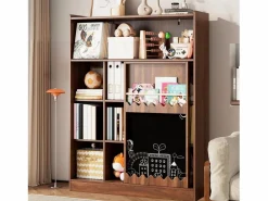 Hauss Spole Librería color nogal con puerta corredera, pizarra y 9 estantes abiertos, MDF Marru00f3n Sale