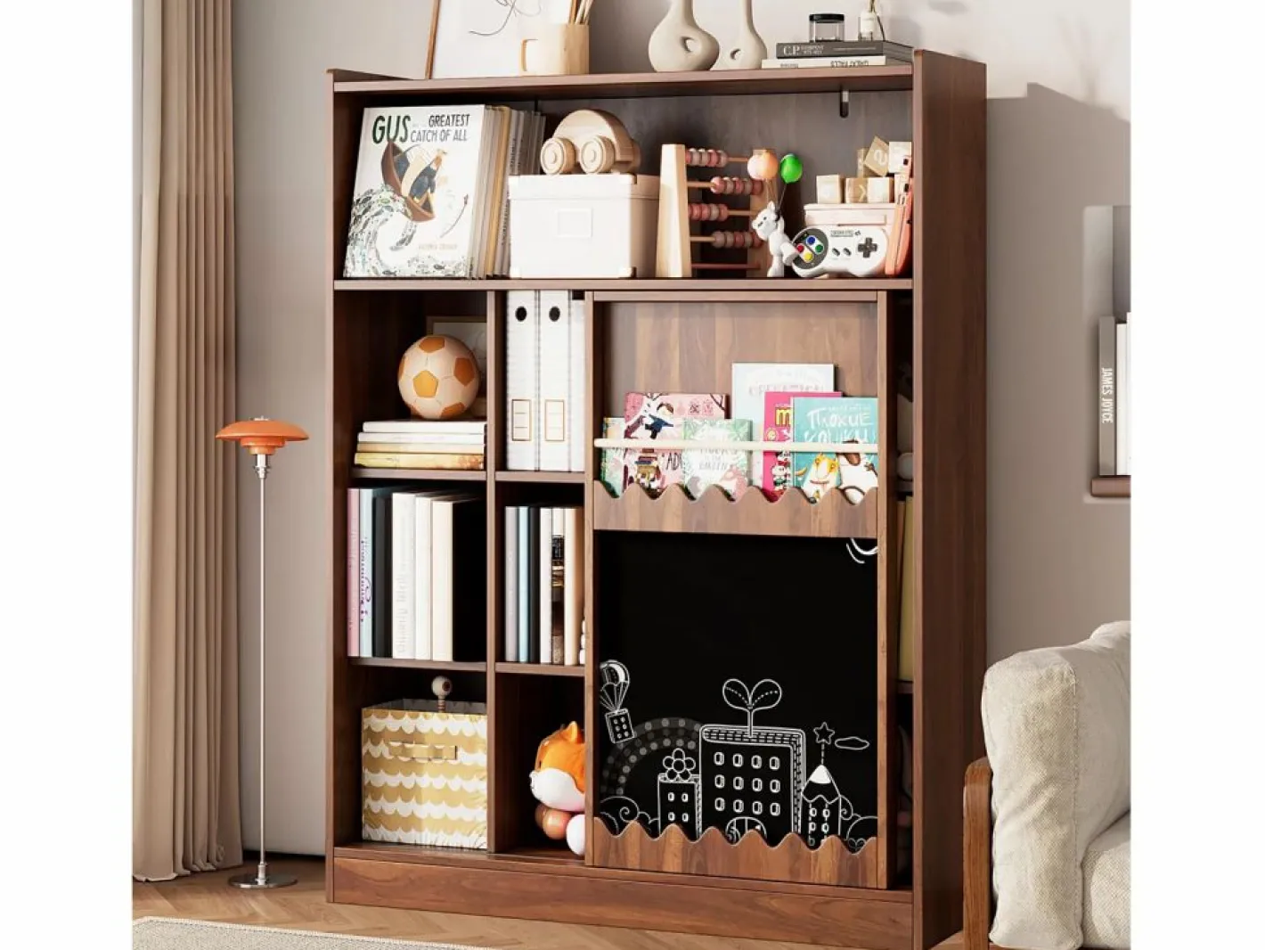 Hauss Spole Librería color nogal con puerta corredera, pizarra y 9 estantes abiertos, MDF Marru00f3n Sale