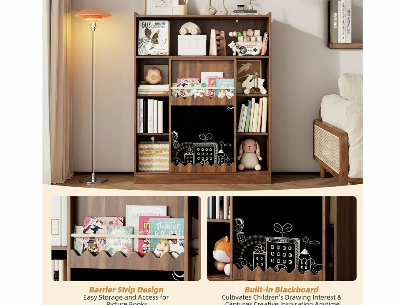 Hauss Spole Librería color nogal con puerta corredera, pizarra y 9 estantes abiertos, MDF Marru00f3n Sale
