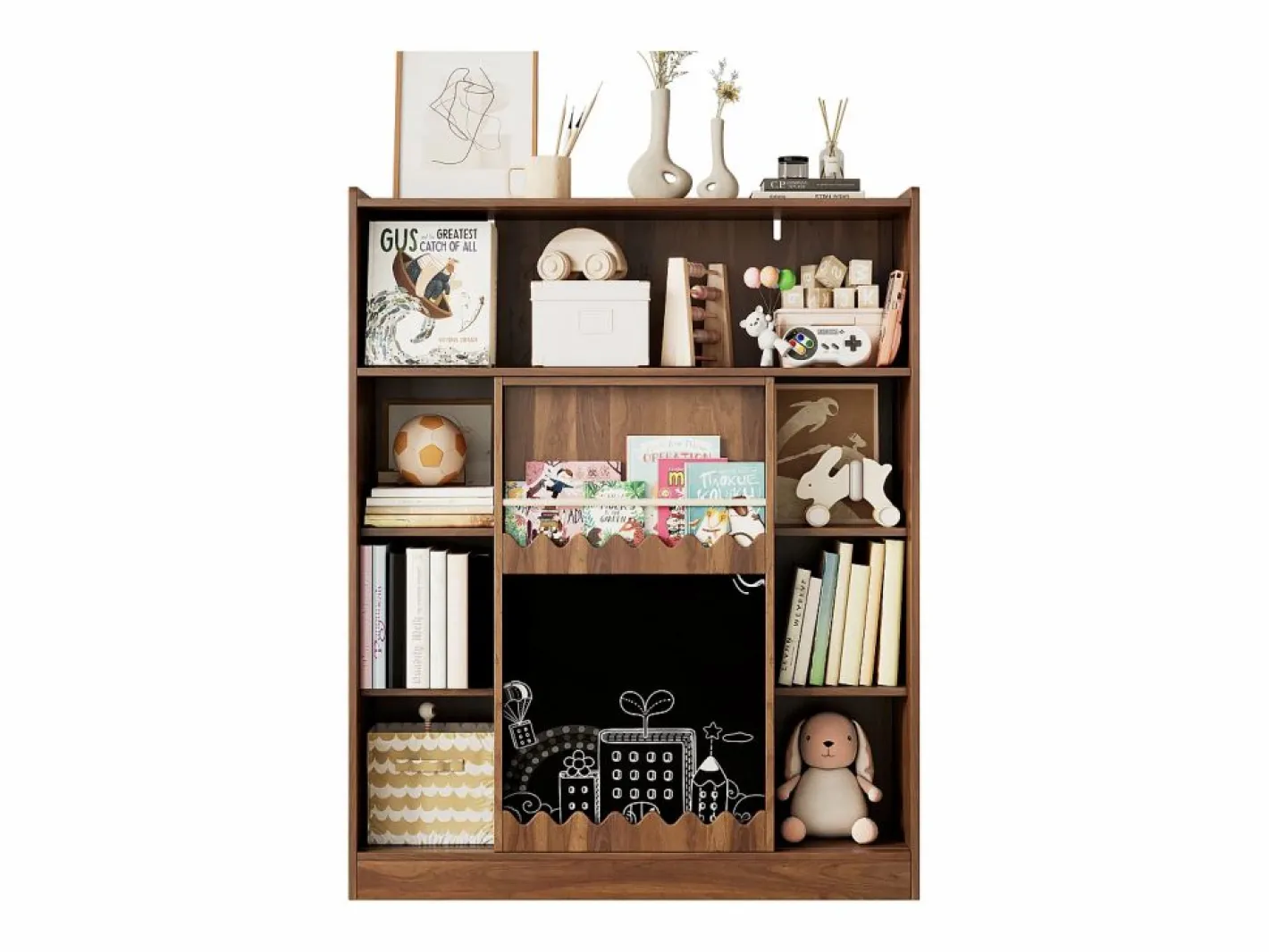 Hauss Spole Librería color nogal con puerta corredera, pizarra y 9 estantes abiertos, MDF Marru00f3n Sale