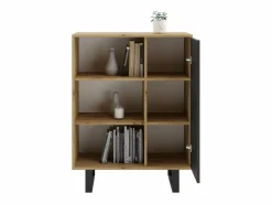 Librería Color Roble artesanal/negro 90x116x40 cm – Estilo Escandinavo con 3 Estantes, 1 Puerta y Patas Metálicas^ Outlet