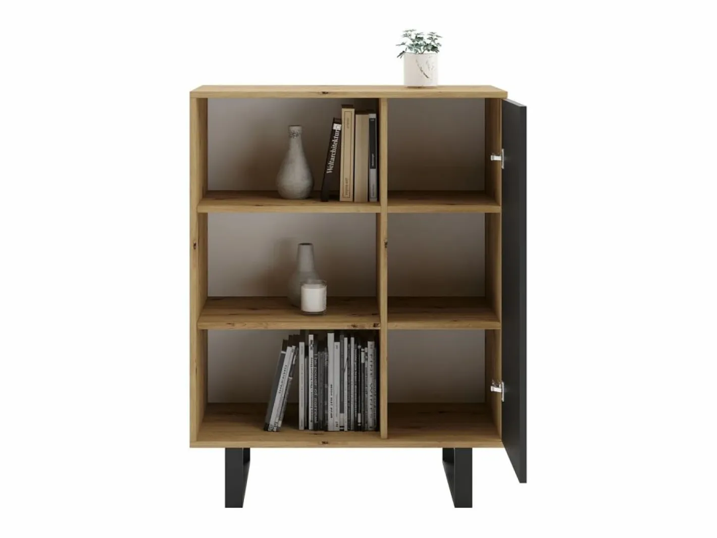 Librería Color Roble artesanal/negro 90x116x40 cm – Estilo Escandinavo con 3 Estantes, 1 Puerta y Patas Metálicas^ Outlet