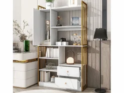 Merax Librería|Librería de 6 estantes con una puerta y 2 cajones - 100 x 30 x 173,5 - Tablero de partículas y metal - dorado +