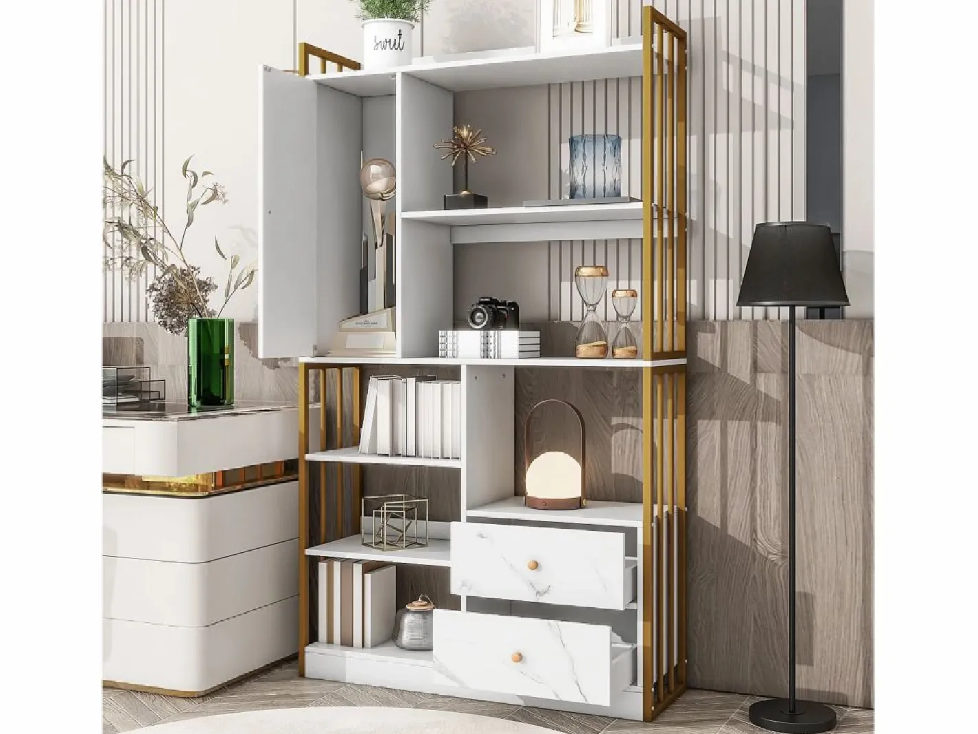 Merax Librería|Librería de 6 estantes con una puerta y 2 cajones - 100 x 30 x 173,5 - Tablero de partículas y metal - dorado +
