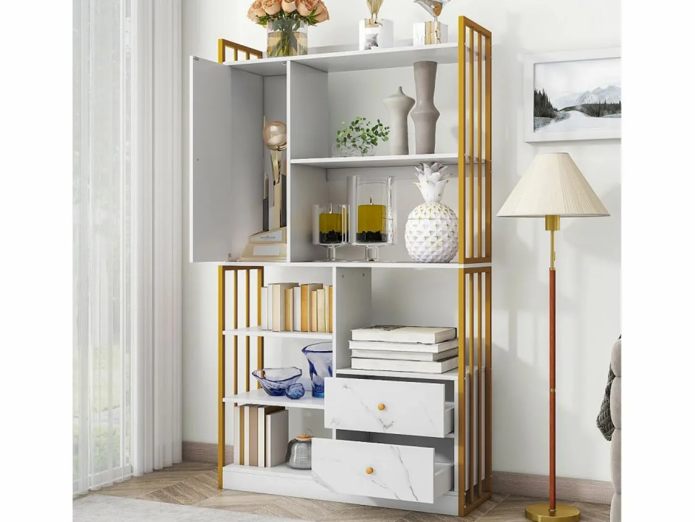 Merax Librería|Librería de 6 estantes con una puerta y 2 cajones - 100 x 30 x 173,5 - Tablero de partículas y metal - dorado +