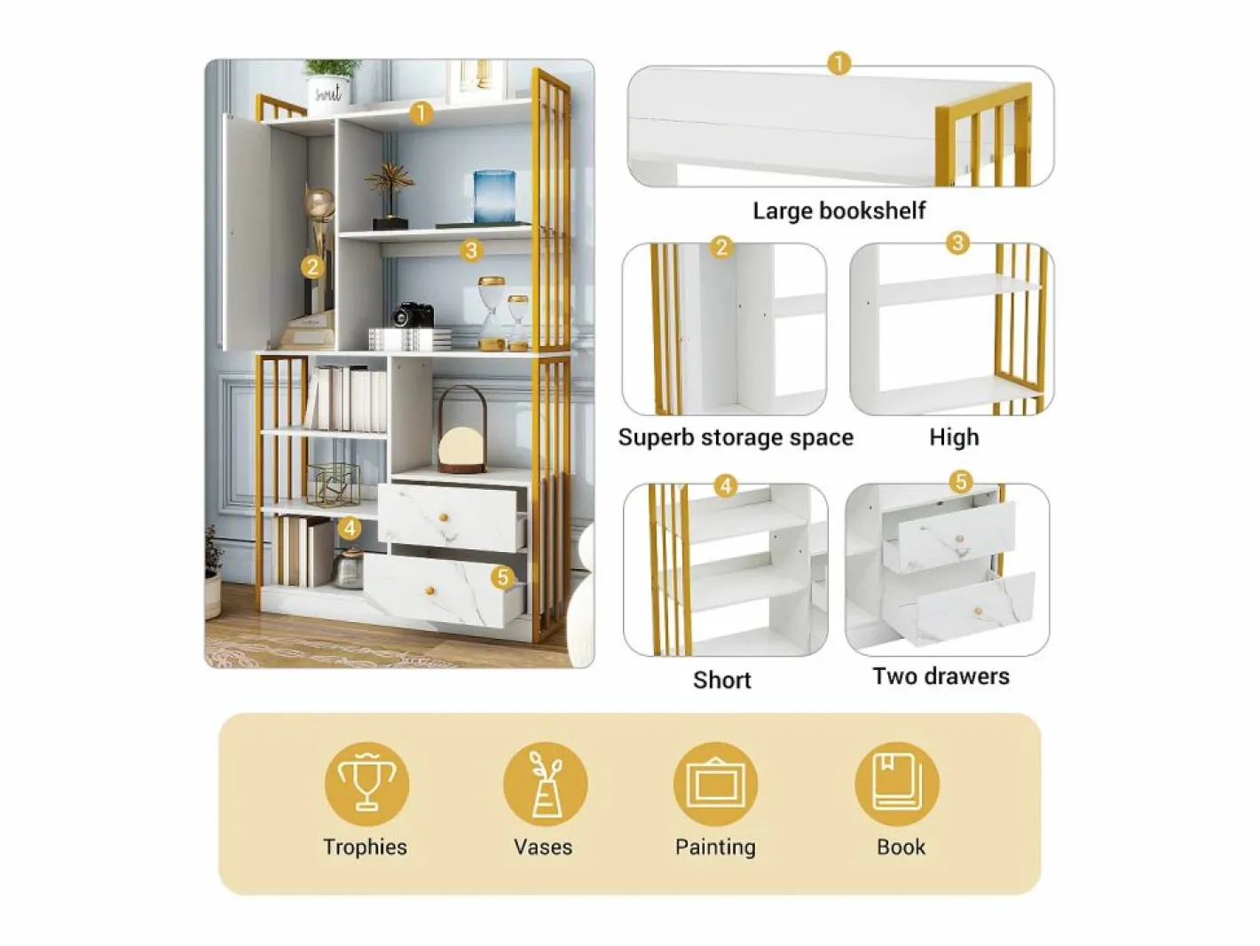 Merax Librería|Librería de 6 estantes con una puerta y 2 cajones - 100 x 30 x 173,5 - Tablero de partículas y metal - dorado +