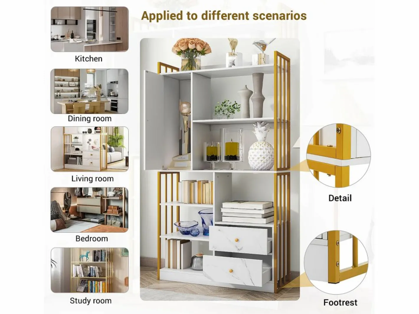 Merax Librería|Librería de 6 estantes con una puerta y 2 cajones - 100 x 30 x 173,5 - Tablero de partículas y metal - dorado +