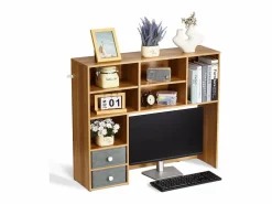 Librería de Escritorio SucceBuy. Organizador de Madera de 3 Niveles. con 2 Cajones de Tela. para Escritorio, Hogar y Dormitorio, Para Oficina Marru00f3n