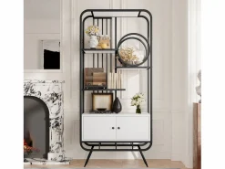 Librería moderna de metal 80×30×180 cm - mueble con 2 puertas - 3 estantes - decoración circular - blanco +^ModernLuxe Best