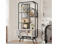 Librería moderna de metal 80×30×180 cm - mueble con 2 puertas - 3 estantes - decoración circular - blanco +^ModernLuxe Best