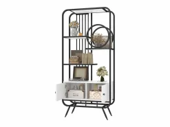 Librería moderna de metal 80×30×180 cm - mueble con 2 puertas - 3 estantes - decoración circular - blanco +^ModernLuxe Best