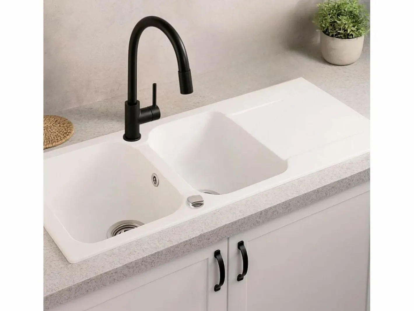 Essebagno Fregadero|Lisse fregadero reversible 2 cubetas 1 escurridor en resina blanca