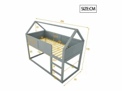 Cama Litera|Lit superposé 90x200cm, lit cabane enfant avec escalier et 1x sommier à lattes en haut, cadre en bois massif, bois