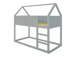 Cama Litera|Lit superposé 90x200cm, lit cabane enfant avec escalier et 1x sommier à lattes en haut, cadre en bois massif, bois