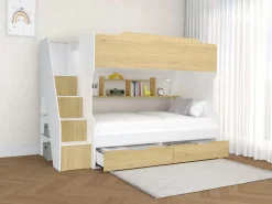 Litera 90 x 190 cm con almacenamiento en color blanco y natural + colchón - YALOVA^Vente-unique New