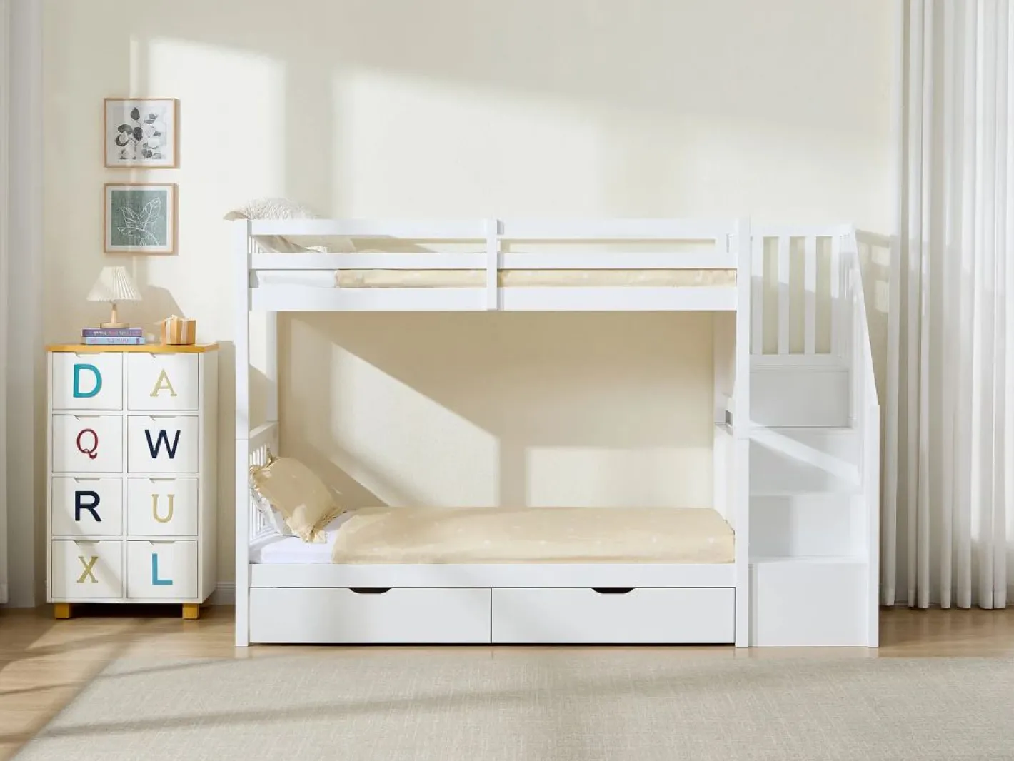 Vente-unique Litera 90 x 190 cm con cajones pino y MDF + colchón - ZILENI Blanco
