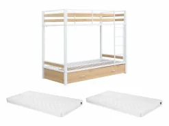 Litera 2 x 90 x 190 cm 1 cajón color natural y blanco + colchón - CASIDIA^Vente-unique Best