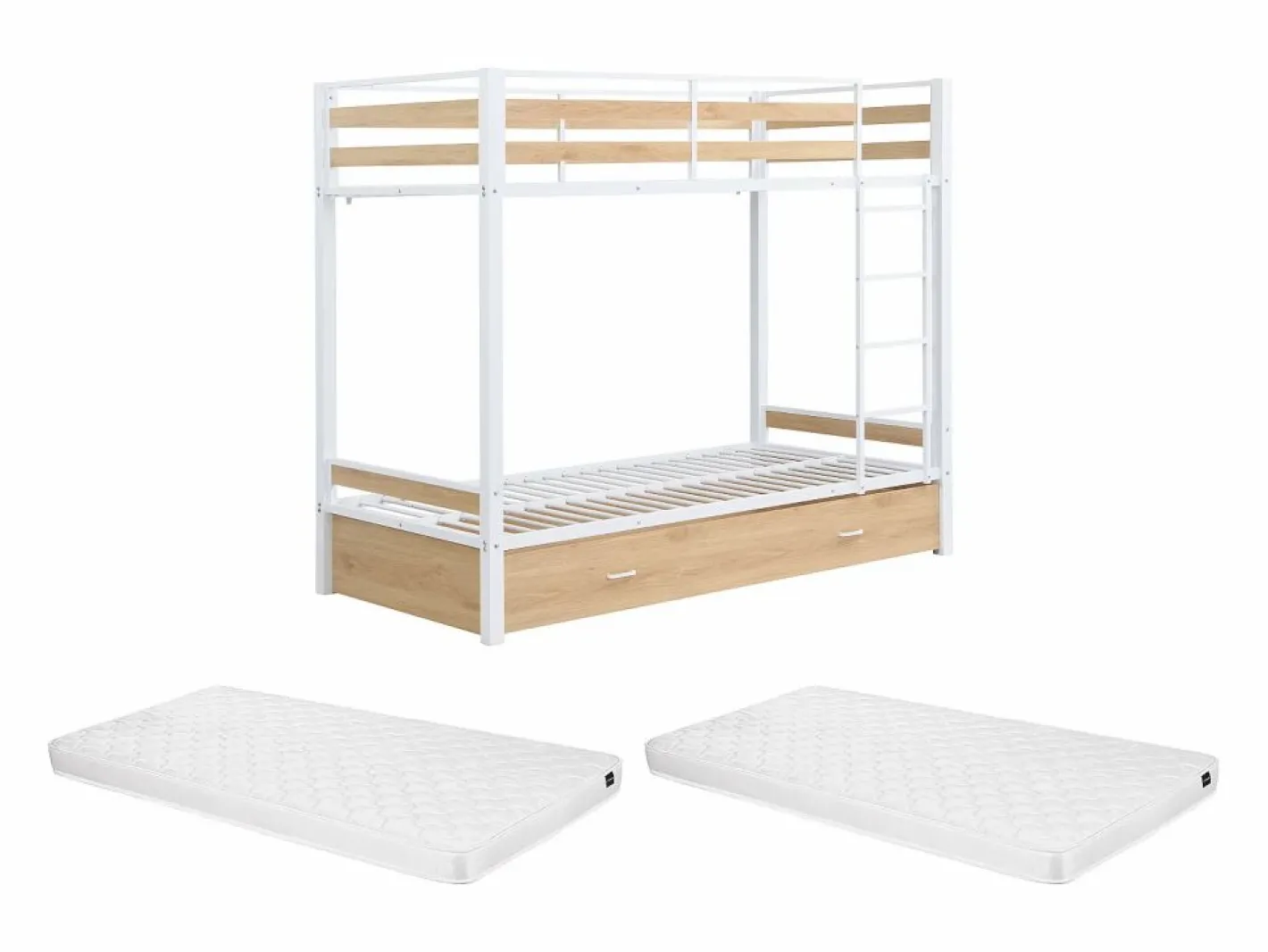 Litera 2 x 90 x 190 cm 1 cajón color natural y blanco + colchón - CASIDIA^Vente-unique Best