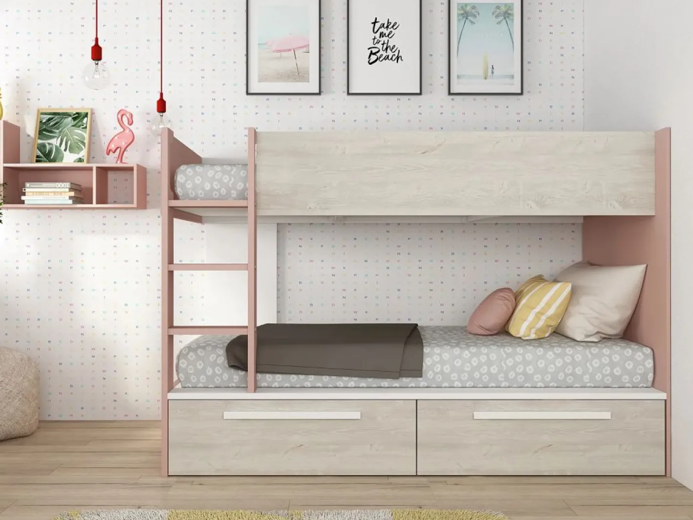 Litera 2 x 90 x 200 cm 2 cajón color rosa, blanco y natural - TINOLI^Vente-unique