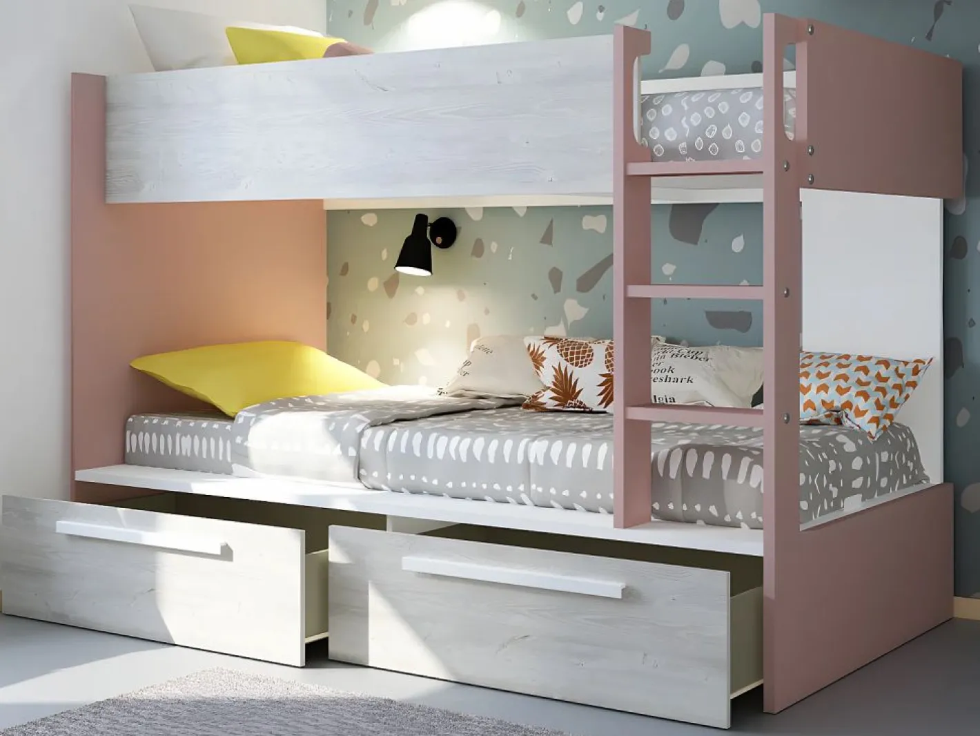 Litera 2 x 90 x 200 cm 2 cajón color rosa, blanco y natural - TINOLI^Vente-unique
