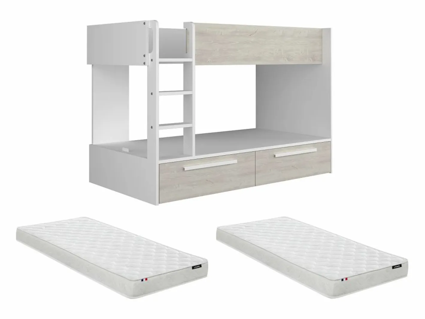 Litera 2 x 90 x 200 cm 2 cajones blanco y natural + colchón - TINOLI^Vente-unique Outlet